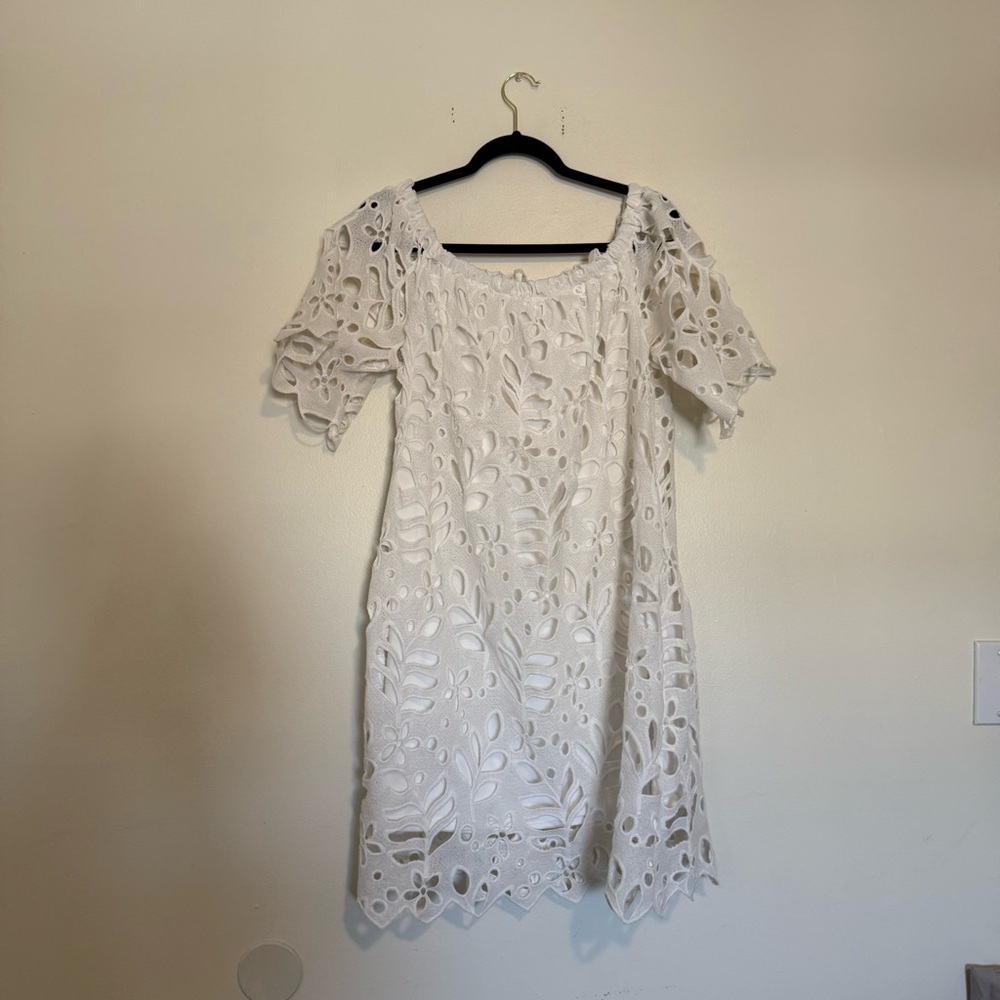 White Eyelet Midi Dress with Scalloped Edges - Picture 7 of 8